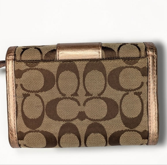 Coach Wallet Signature Canvas Trifold Khaki Brown Rose Gold Metallic Leather - Picture 4 of 14